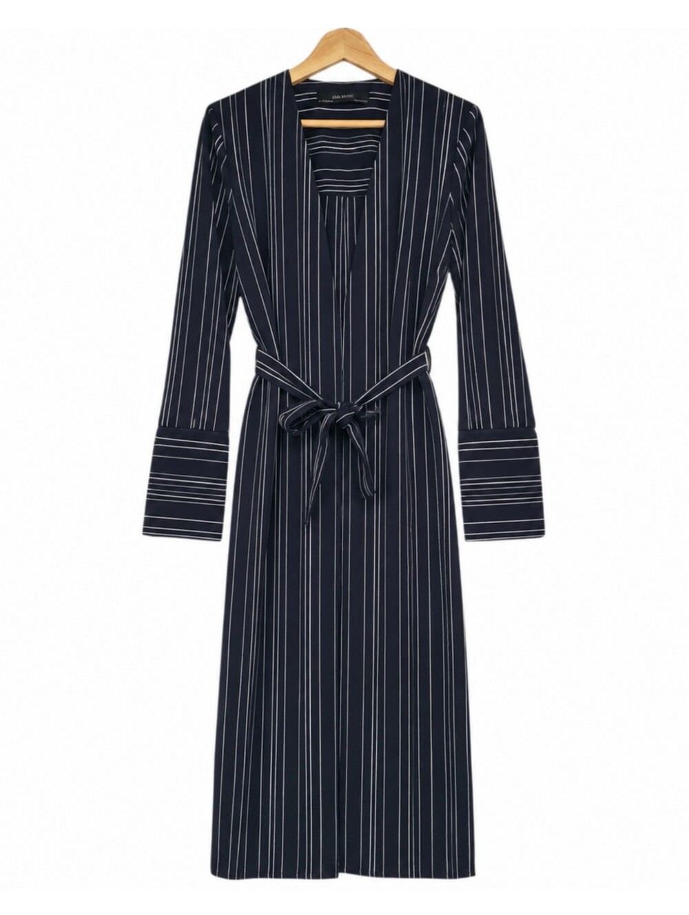 Zara Navy Stripe Duster Cardigan Side Slit Tie Waist Minimalist Coastal Small - Picture 2 of 15
